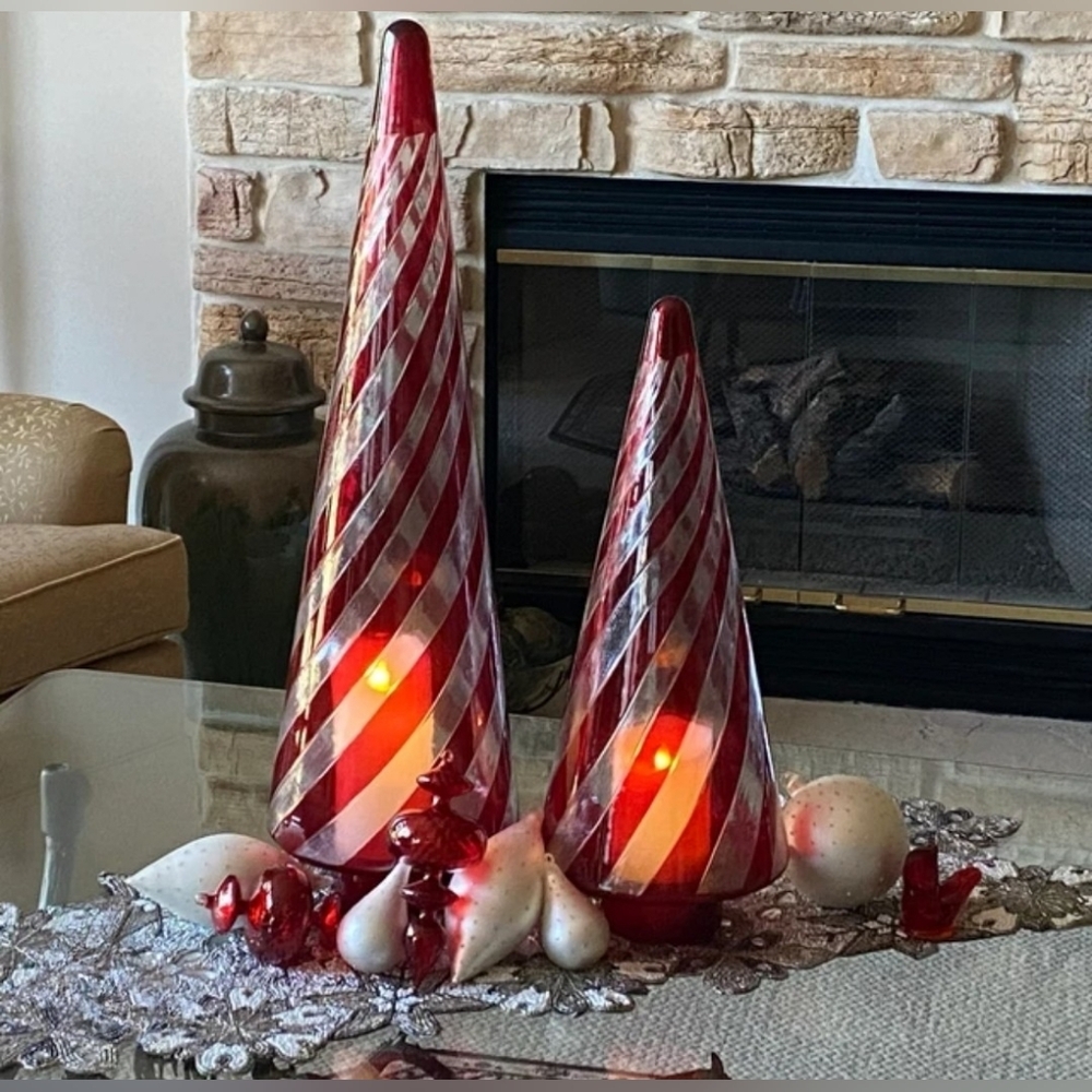 Peppermint Twist Candycane Striped Tree Glass Holiday Decor Tabletop